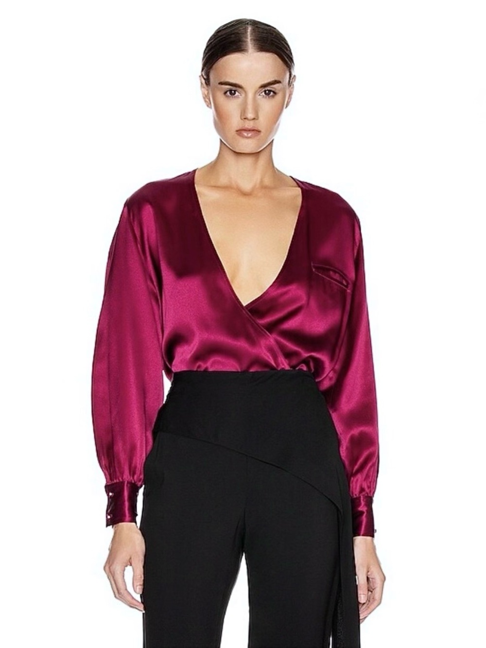 FLEUR DU MAL Burgundy Silk Satin Long Sleeve V-Neck Old Money Wrap Blouse‎ S